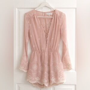 WAYF Blush Pink Embroidered Lace Romper – Bell Sleeve – Size XS